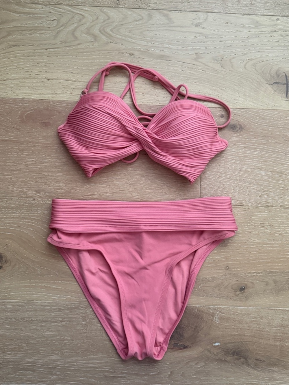 Robin Piccone Pink Ribbed Twist Bandeau Bikini Set